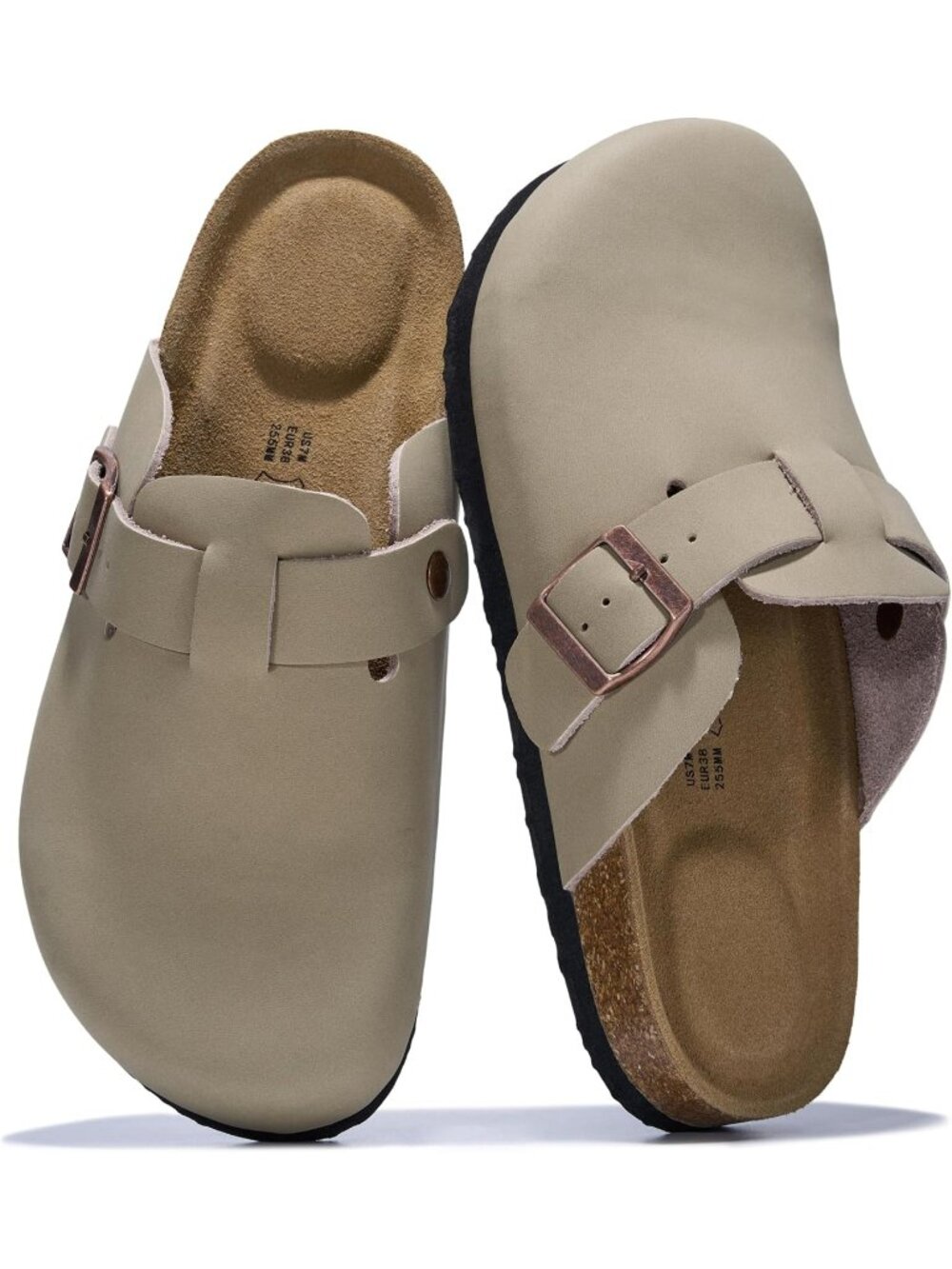 🆕Women's Beige Leather Slip-ons Footbed Clogs Memory Foam Sandals Casual